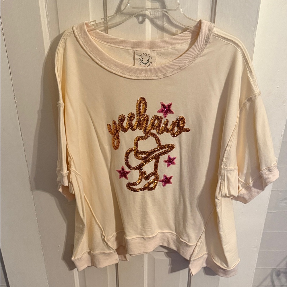 Cream Yeehaw Sequin Graphic Top
